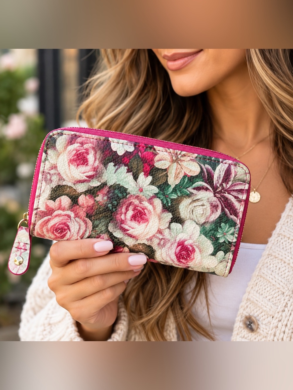 Floral Pink Zip Around Accordion Organizer Wallet Roses